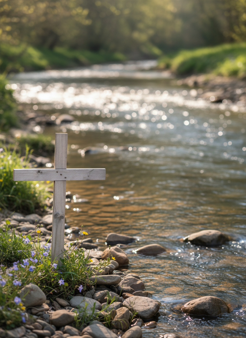 A gently flowing river rendered in photographic realism, its clear water gliding over smooth, rounded stones in shades of gray and warm brown. In the foreground, a simple wooden cross made of pale, unfinished timber stands on the riverbank, lightly weathered with visible grain and knots. Wildflowers and soft green grasses cluster around its base. Early morning sunlight filters through unseen trees, casting dappled light on the water and creating sparkling highlights. The mood is welcoming and hopeful, calm yet expectant. Shot at eye level with the river leading into the distance, using rule-of-thirds composition and a shallow depth of field so the cross is crisp while the far bank gently blurs into soft bokeh.